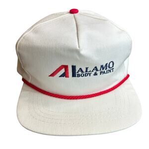 White Red Rope Flat Bill cap with leather back strap-Alamo Body & Paint TX